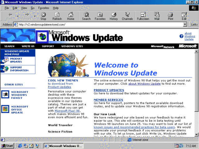 Screenshot of Windows Update Restored v2 running in Internet Explorer 4 on Windows 98 First Edition.