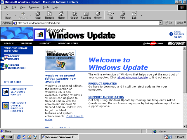 Screenshot of Windows Update Restored v3.1 running in Internet Explorer 5 on Windows 98 Second Edition.